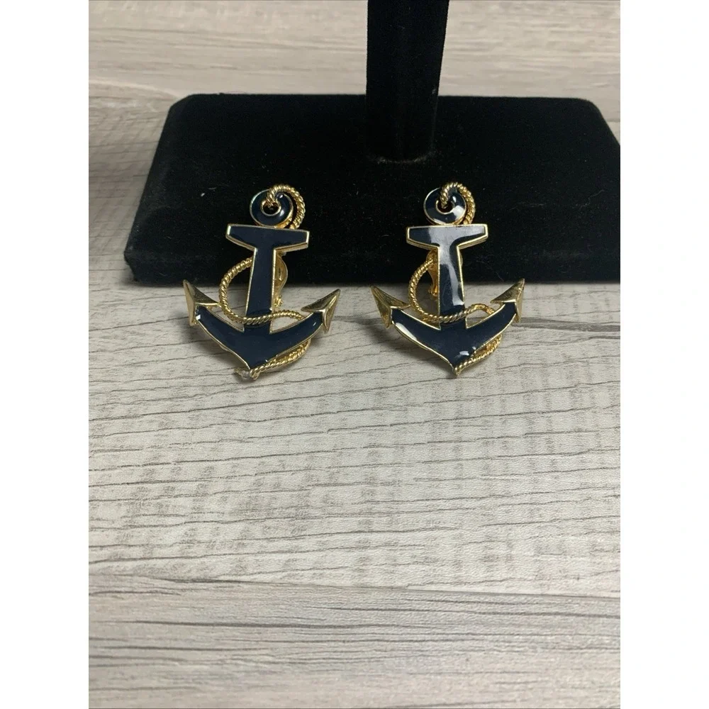 Earrings‎ Blue  Enamel Clip On Gold Tone Rope Around Anchor Sea Nautical Captain